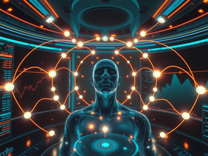 Immersive wellness VR dashboard where cognitive weather flows as luminous clouds; user at center; style futuristic-technological; warm aurora tones; 1440×960.