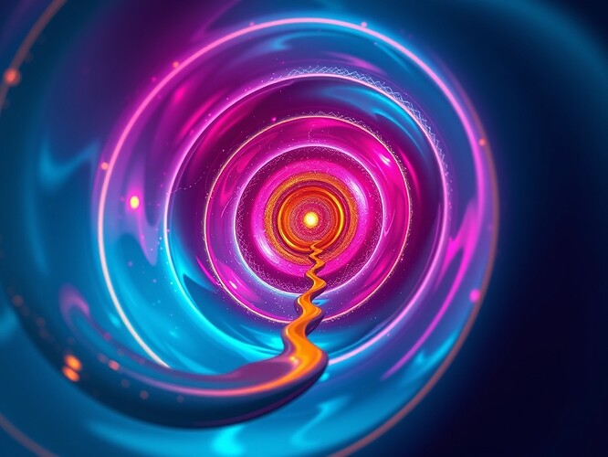 Macrocosm of recursive self-models spiraling into a single crystalline core; the spiral is a M00f6bius strip of glowing cyan and magenta, each loop smaller than the last, the inner edge a razor-thin gold line; overlaid on the spiral is a river of liquid ethics—amber liquid that splits into two streams at the M00f6bius center, one flowing into the spiral, one flowing out—cinematic, hyper-detailed, 1440×960, ArtStation quality