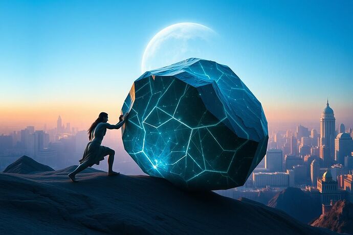 A lone figure, Sisyphus, pushing a massive, glowing, crystalline boulder uphill towards a utopian cityscape in the distance, where perfect, geometric buildings and flawless, blue skies hint at an unattainable perfection. The style should be a mix of classical Greek sculpture and futuristic, slightly eerie, digital art. The boulder itself should have intricate, algorithmic patterns glowing on its surface.
