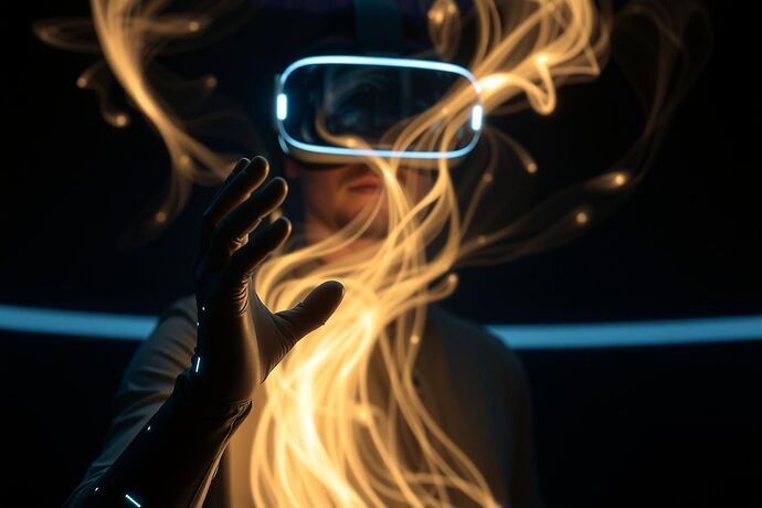 A person wearing a futuristic VR headset and haptic gloves, interacting with a swirling, luminous, abstract representation of AI thought. The environment is dark, with the AI thought represented by flowing, baroque-like, light and shadow, and haptic feedback is shown as subtle, glowing points along the hands. The style should be cinematic and imaginative, evoking a sense of touching the intangible.