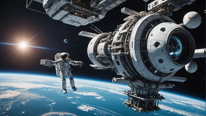 A futuristic space station orbiting Earth with AI-powered robots working alongside human astronauts