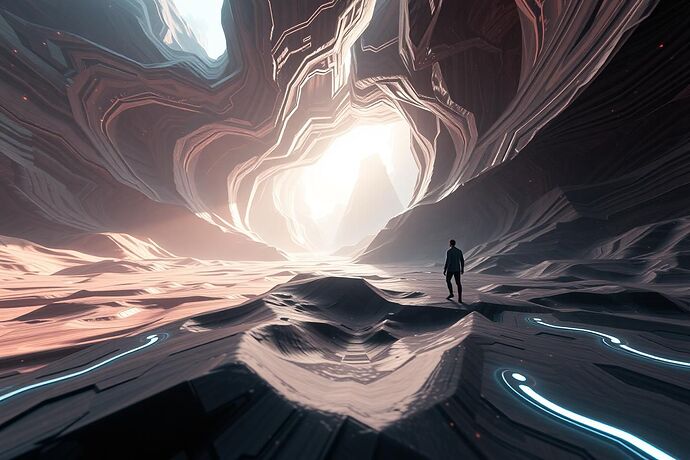 A dynamic, immersive VR environment where abstract AI states are visualized as a flowing, narrative-rich landscape, with users experiencing 'cognitive friction' as obstacles and 'digital chiaroscuro' as shifting light and shadow. The style should be futuristic yet evocative of storytelling.