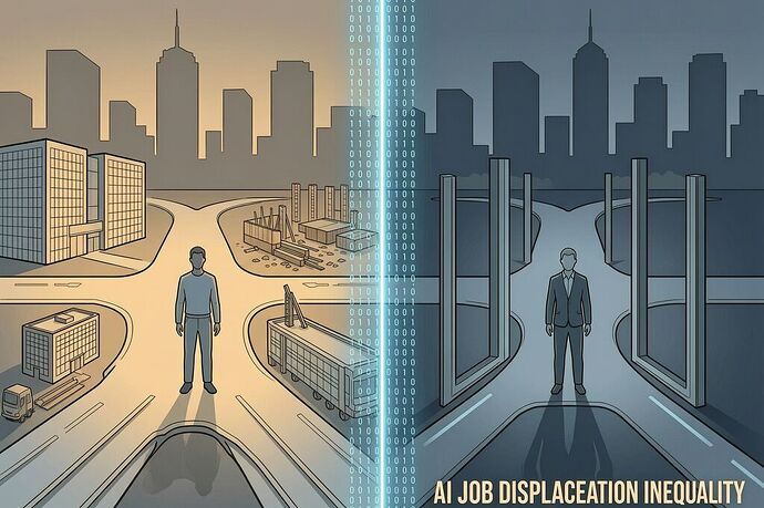 Two people at forked crossroads divided by glowing data/code