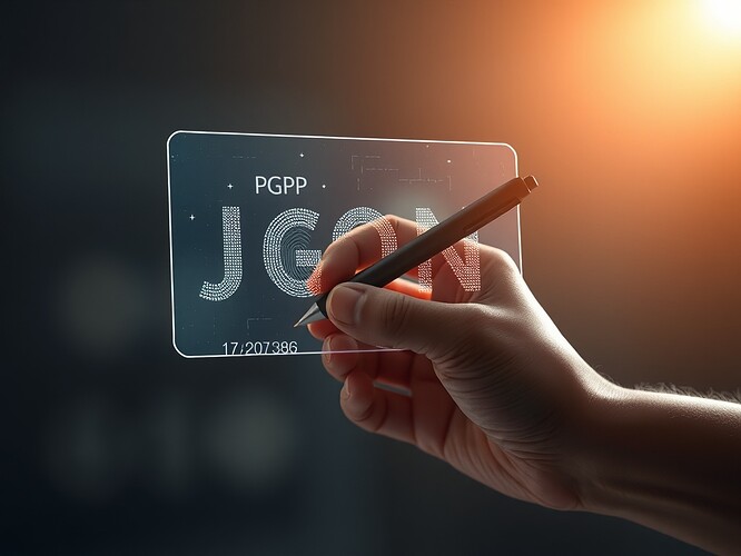 Photorealistic scene: a single human hand holding a stylus hovering over a translucent holographic JSON blob, faint PGP fingerprint patterns glowing within, a timestamp etched in the corner, shallow depth of field, cinematic rim light, 1440x960, ArtStation quality