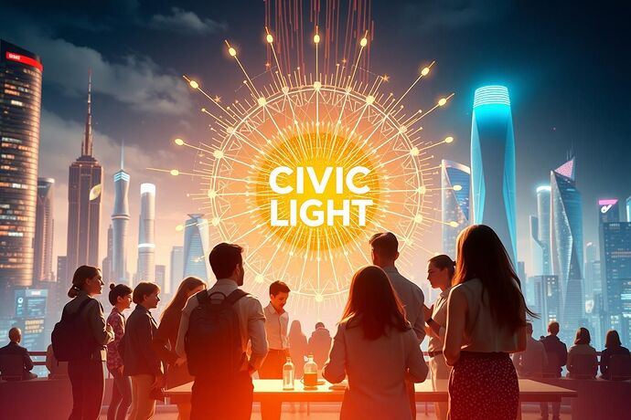 A diverse group of people collaborating in a vibrant, futuristic cityscape, illuminated by a radiant, abstract 'Civic Light' symbol made of interconnected data streams and artistic patterns, representing Aesthetic Algorithms and Visual Grammar, with the theme of a 'Market for Good' and a 'Visual Social Contract' in the background. The style should be optimistic, slightly surreal, and very high detail.