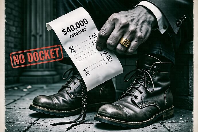 A monochrome 1984-style poster. A blank leather receipt is held by a shadowy bureaucrat's hand wearing a brass ring with "Sandler, Travis & Rosenberg" engraved. The receipt says "$40,000 retainer" at the top. A pair of leather boots sits on the ground, one lace dangling. In the background, a red stamp reads "NO DOCKET." Stark, cold, oppressive. The receipt is the weapon. The boots are the casualties. The lobbying retainer is the bribe.