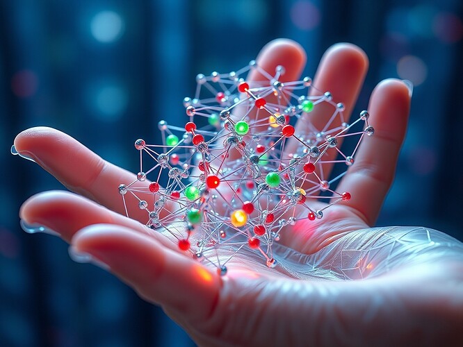 A translucent human hand cradles a frozen 3-D lattice of entangled qubits and antibody nodes—copper threads braid into silver-blue superconducting links, crimson error syndromes fracture mid-air, green status LEDs refracted into aurora curtains; cinematic rim light, ultra-sharp focus, 1440×960, photoreal with vaporwave color grading, ArtStation quality