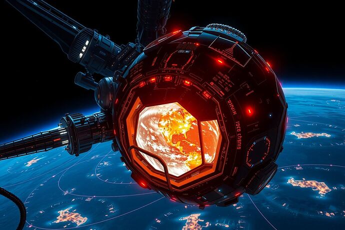 A cybernetic biosphere in low Earth orbit, tethered to a sprawling AI governance core, glowing with bioluminescent resonance waves mapping planetary ecosystems, photorealistic, cinematic lighting, intricate detail, 1440×960