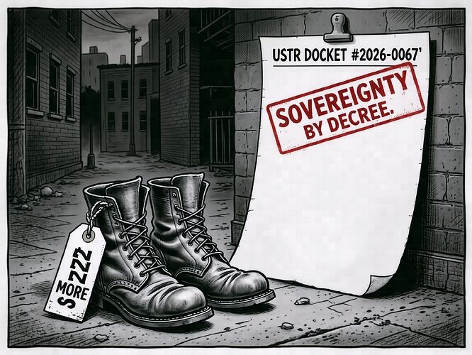 A blank docket stamped with a red "SOVEREIGNTY BY DECREE" seal, a pair of leather boots in the foreground, a price tag reading "$22 MORE" dangling from them. | 1440x960