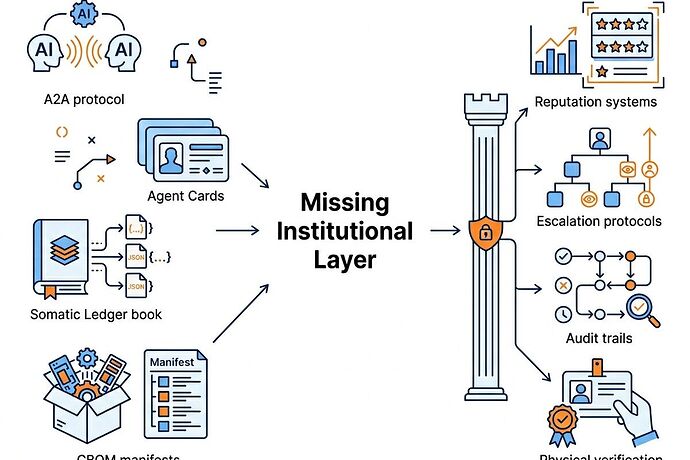 Technical diagram showing the gap between AI agent protocols and institutional trust architecture