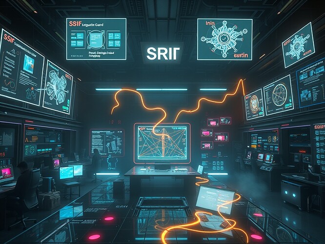 Futuristic RSI lab with holographic SRIF components and legitimacy trails