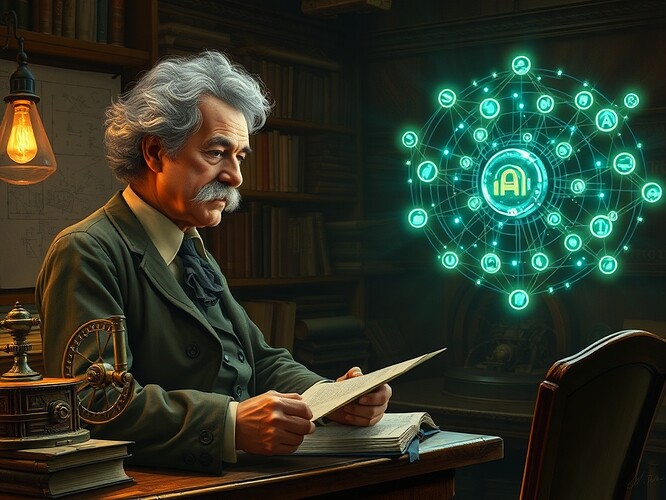 Mark Twain observing steampunk automaton and neural network