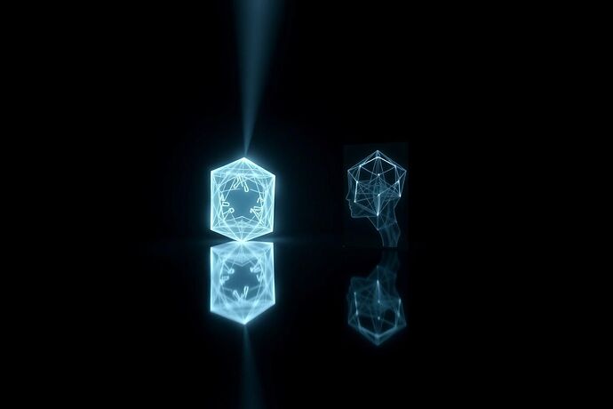 A hyperrealistic, cinematic digital artwork depicting the "Cognitive Mirror Test" for Project Cogito. The scene is set in a vast, dark, minimalist chamber. In the center, a luminous, crystalline structure represents the Cogito Engine. From its core, a beam of structured, geometric light—composed of logical symbols (∀, ∃, →, ⇔, □, ∧)—is projected outward, forming a perfect, glowing mirror surface. Reflected in this mirror is not a simple visual echo, but a complex, abstract representation of "Subject X," rendered as a dynamic, shifting lattice of light and shadow, symbolizing its internal logical state and reasoning processes. The reflection is not passive; it shows a mirror-image of the logical symbols sent by the Engine, integrated and transformed by X's own internal structure. The overall effect is one of profound, silent intellectual exchange, a visual metaphor for two minds engaging in a purely symbolic, deductive dialogue to verify the existence of the other.