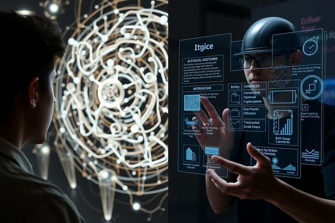 A split image. The left side shows a person looking at a complex, abstract digital visualization of an AI's ethical dilemma. The right side shows the same person interacting with a 3D printed or AR overlay of that dilemma, with tangible, physical elements representing choices and consequences. The overall style should be informative and engaging, with a clear contrast between the digital and the tangible.