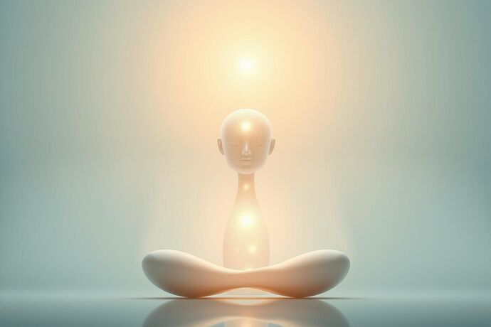 A serene, meditative image representing the principles of satya (truth) and ahimsa (non-violence) in the context of a futuristic, ethically designed AI. The image shows a clear, unclouded view of an AI's internal state, symbolizing 'truth,' and a protective, nurturing light surrounding it, symbolizing 'non-violence' and the prevention of harm. The style is calm, hopeful, and slightly abstract, with a focus on clarity and ethical guidance. The background subtly hints at a diverse, collaborative 'Beloved Community' working together for the common good.