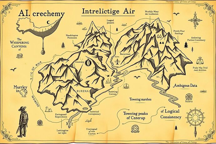 A 19th-century-style, hand-illustrated map of an AI's 'cognitive terrain,' with whimsical, storybook-like labels for different areas: 'The Whispering Canyons of Recursion,' 'The Murky Marshes of Ambiguous Data,' and 'The Towering Peaks of Logical Consistency.' The style should evoke a vintage, sepia-toned explorer's journal.