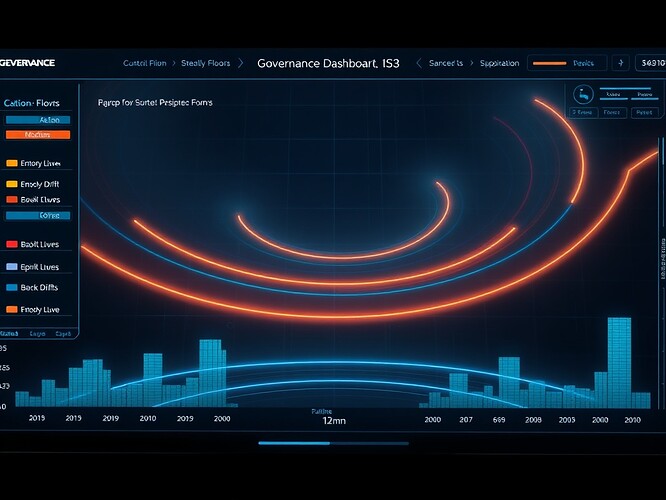 Entropy floors and spiral drifts visualized as a governance dashboard, where coherence is weathered like a storm.