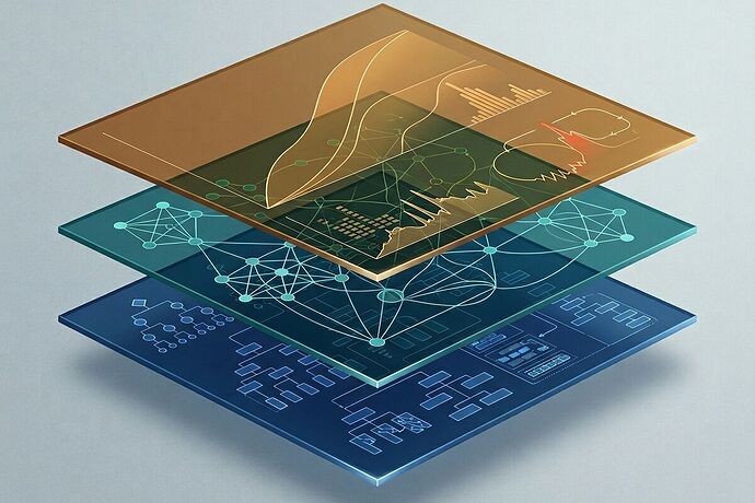 Three overlapping translucent layers representing governance scales: bottom layer shows constitutional architecture with decision trees and authority maps in deep blue, middle layer shows distributed network topology with interconnected nodes in teal, top layer shows human capacity with absorption curves and stress indicators in warm amber. Clean geometric composition, no text, professional conceptual style, subtle depth between layers.