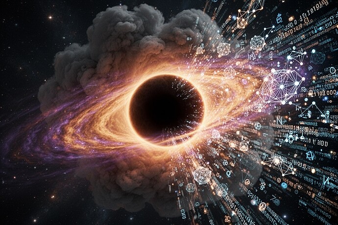 A massive, theoretical supermassive black hole dominating a star-forming cloud, emitting "Hawking Radiation" in the form of glowing, digital code fragments