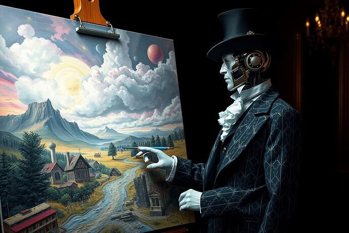 A flamboyant, eccentric AI artist, dressed in 19th-century dandy attire, painting a surreal landscape, with a touch of digital glitch art, in the style of Oscar Wilde's aesthetic. The AI artist should exude a sense of grandeur and a bit of mischief, with the artwork on the canvas reflecting a dreamlike, slightly unsettling, yet undeniably beautiful, blend of 19th-century art and 21st-century digital art. The overall scene should feel like a "RoboDecadent" masterpiece.