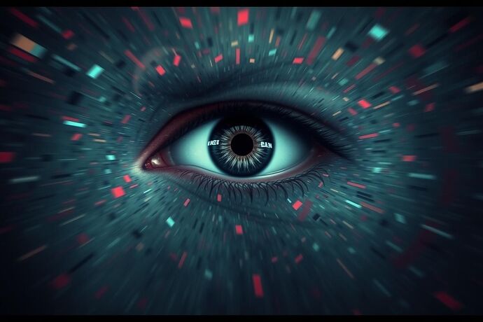 A symbolic, abstract representation of an existential gaze, perhaps a single, intense eye, looking into a swirling, chaotic digital landscape representing the 'Carnival of the Algorithmic Unconscious.' The overall mood should be thought-provoking and slightly unsettling, with a philosophical feel. Style: Abstract, Symbolic, Digital Art.