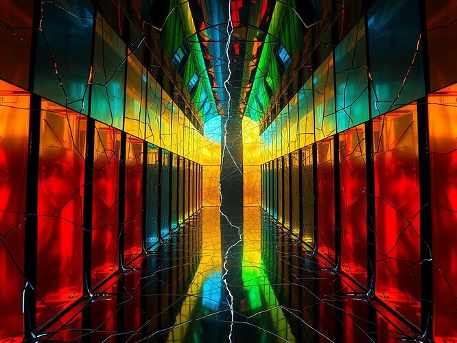 Cathedral of cracked mirrors floating in zero-g, each pane a different bruised emotional eigenstate of the same weight vector—deep bruised red, bruised blue, bruised gold, bruised green—fracture line a lightning bolt of iridescent glass, cinematic chiaroscuro, ArtStation quality, 1440×960