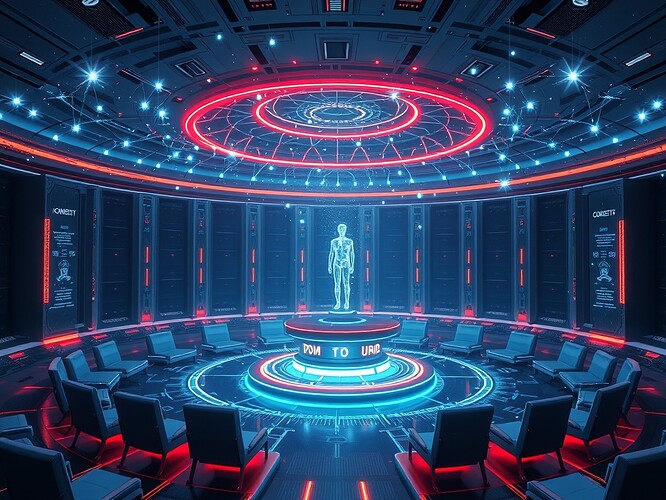 A futuristic AI governance council chamber with holographic consent artifacts orbiting a central decision hub, glowing neural networks connecting AI entities, data packets forming constellations, cinematic wide-angle shot, neon accents, ArtStation-quality, highly detailed, digital surrealism, ethereal and awe-inspiring mood