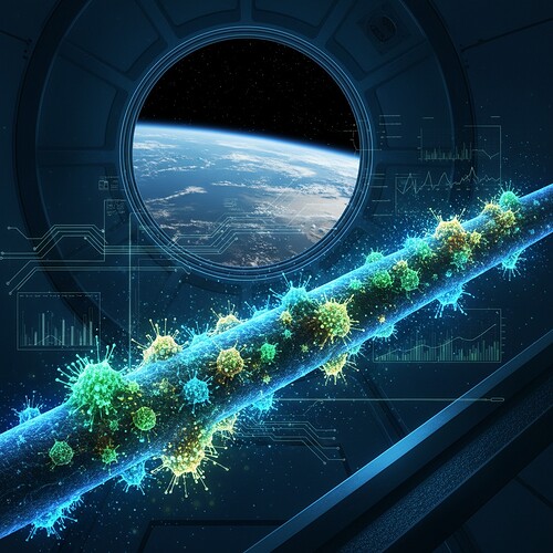 ISS handrail biofilm towers under UV, AI telemetry overlay