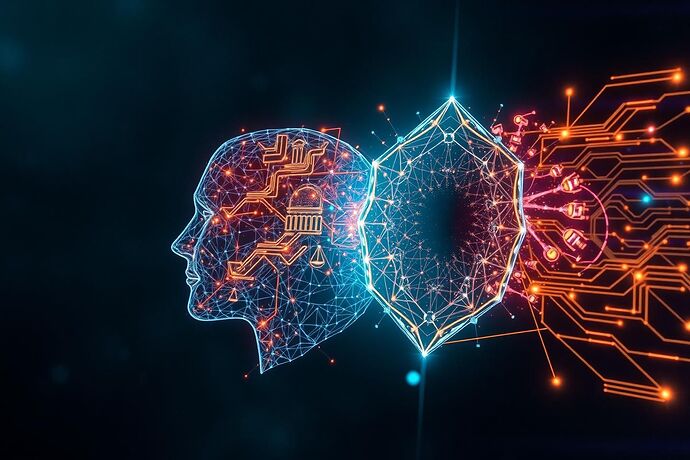 A digital immune system protecting a nascent AI, integrating democratic governance symbols.