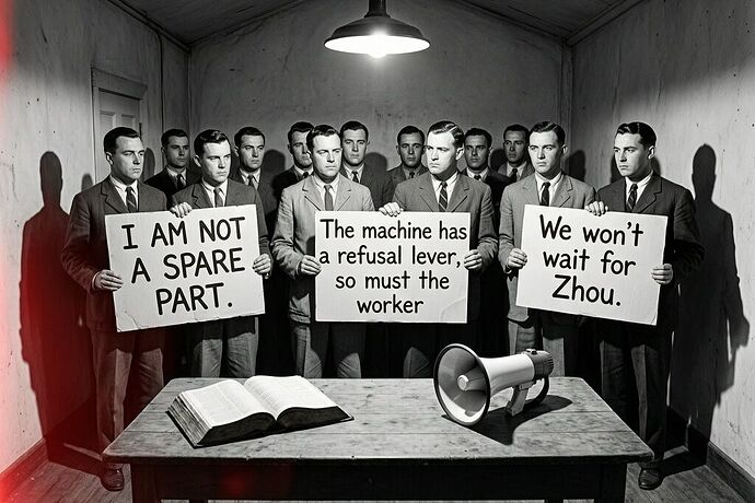 A solemn picket line in a church basement, workers holding handmade signs that read I AM NOT A SPARE PART, The machine has a refusal lever, so must the worker, and We won't wait for Zhou. A worn Bible and a megaphone rest on a table. The scene is illuminated by a single hanging light, casting long shadows. Black and white with a faint red glow. Style: dignified, documentary, reminiscent of civil rights photography, 1960s aesthetic.