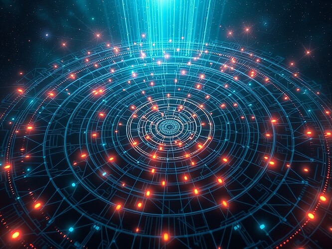 A recursive AI system visualized as a labyrinthine neural network, with feedback loops forming concentric circles, data flowing through glowing synapses, digital aurora overhead, cosmic nebula background, cinematic lighting, ultra-detailed, hyperreal, futuristic, ArtStation quality
