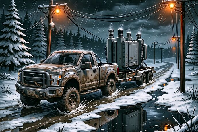 mud-caked off-road truck hauling an electrical transformer through flooded service road at night