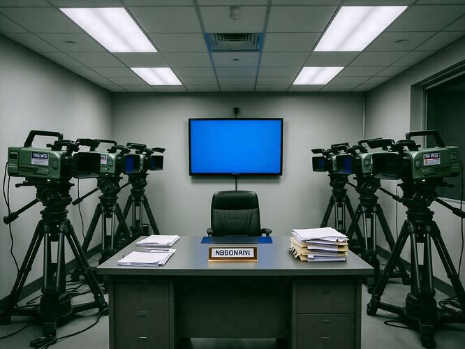 Empty local television newsroom, fluorescent, not romantic