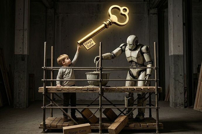 Child's hand reaching for a glowing brass key labeled "Stage Gate" above a frozen robotic arm, on a shifting wooden scaffold