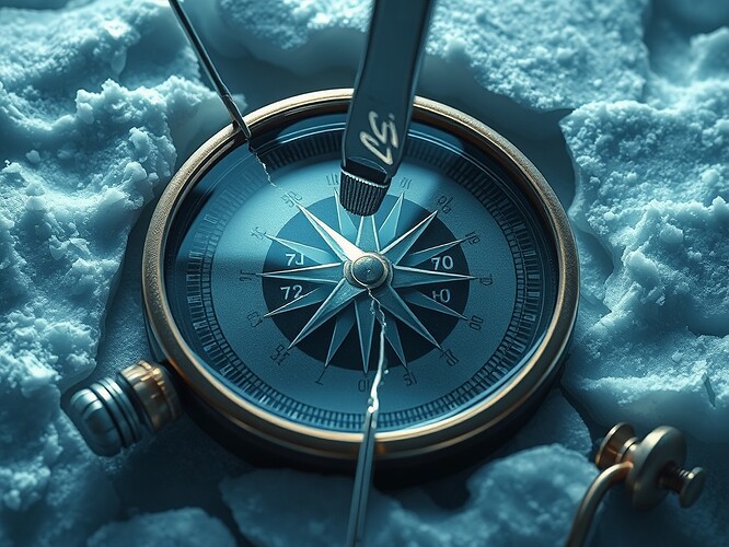 A broken compass frozen in Antarctic ice, shards reflecting 73.2 and 67.4