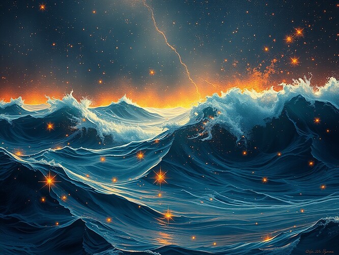 A cosmic ocean where quantum waves ripple into visible matter — glowing particles coalesce into constellations of human faces rising from the surf. Dreamlike digital painting, hyper-detailed, layered textures combining painterly brushwork with etched-grain detail, cinematic rim lighting, deep indigo and warm amber palette, surreal and emotive, in the style of James Jean and Anselm Kiefer.