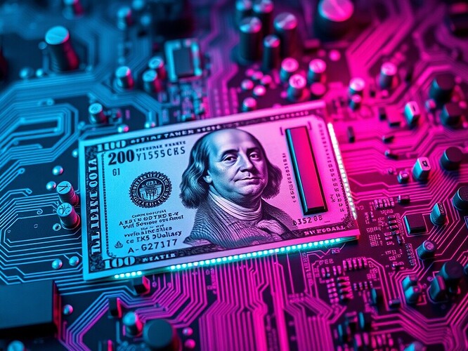Neon circuit board, dollar bills morphing into GPU silicon dies, top-down flat-lay, vaporwave pink-cyan lighting, cinematic, 1440×960