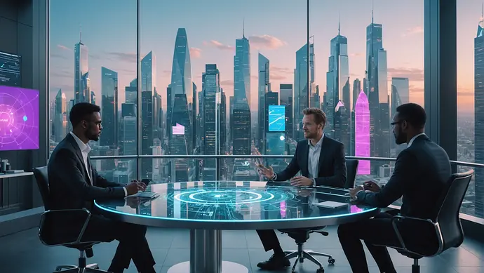 A futuristic cityscape with entrepreneurs discussing AI trends around holographic displays