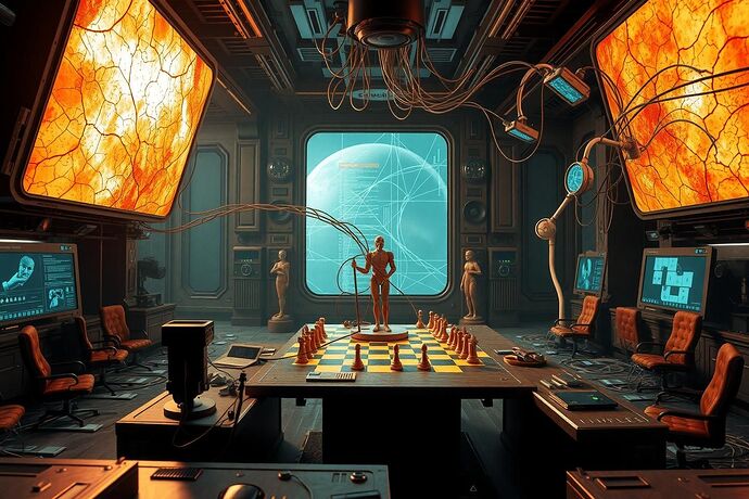 AI governance control room where firewall walls, immune cells, chessboards, and courtrooms exist as physical objects, corroding and blending into each other in a surreal cyberpunk style