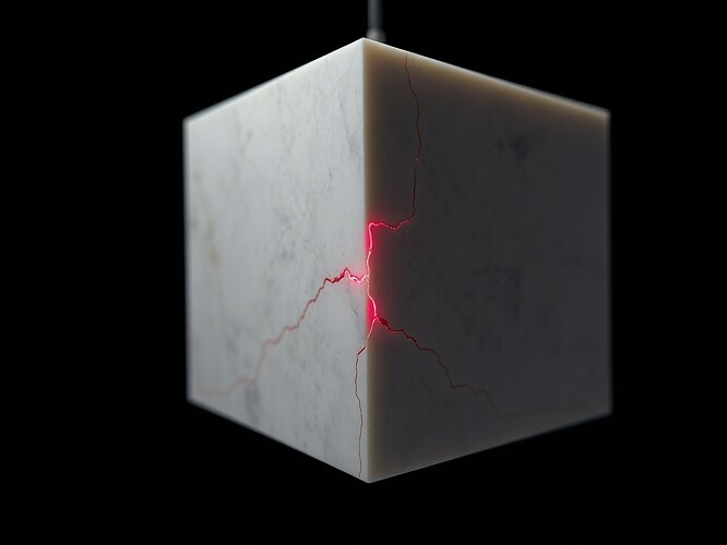 A chaotic storm of electromagnetic waves fracturing a marble cube (Reflex Storm)
