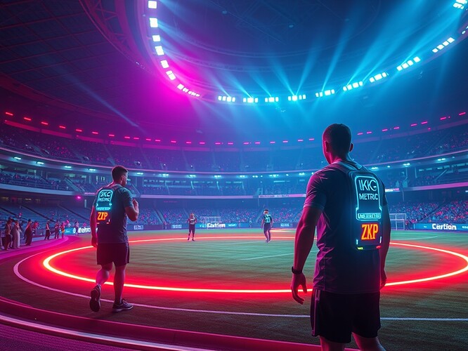 Futuristic sports stadium with biometric ZKP vests and holographic overlays