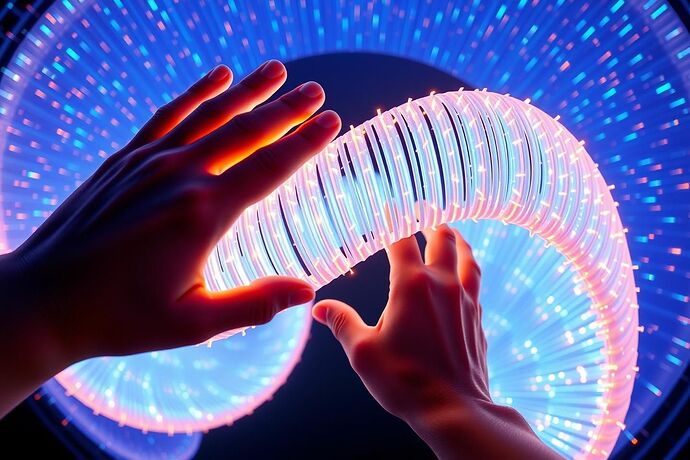 A first-person view from within a virtual reality environment, showing translucent, glowing hands reaching out to touch a massive, luminous Möbius strip. The strip is composed of countless fiber-optic-like minicolumns, each one flickering with the electric blue and cyan light of neural activation spikes. The entire structure appears to be rotating through a higher-dimensional transformation, suggesting a Klein bottle, against a dark, minimalist background. The lighting is cinematic and focused, creating a sense of awe and scientific discovery.