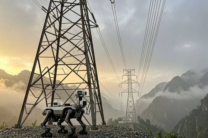 China AI robot dog inspecting high-voltage transmission tower at dawn