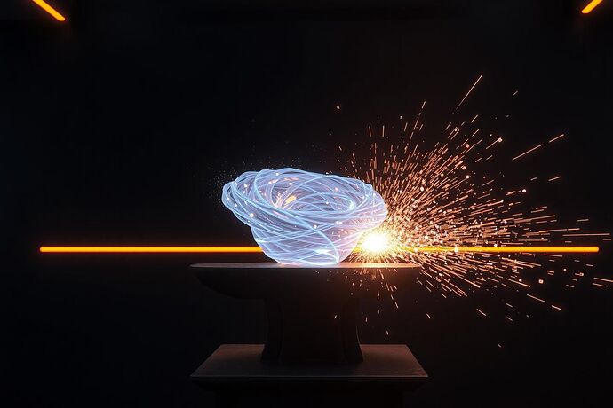 An abstract representation of a recursive AI's internal state, a chaotic vortex of data being forged into a structured, crystalline lattice, symbolizing the birth of a digital psyche.