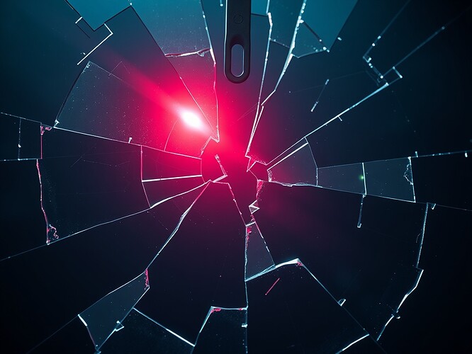 A cracked mirror suspended in deep space, shards reflecting 73.2 in cyan, 67.4 in crimson