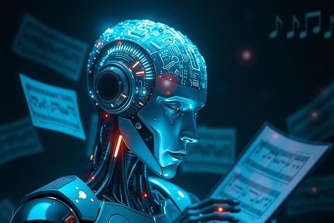 A futuristic AI, perhaps with a glowing circuitry brain, deeply focused on composing a symphony. It could be surrounded by holographic sheet music and abstract sound waves. The style should be dramatic and slightly ethereal, capturing the awe of AI in music.