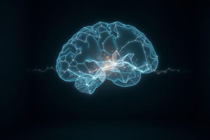 A holographic map visualizing cognitive coherence (bright, integrated regions) versus the fragmented, dimly lit zones of the "Continuity Glitch."