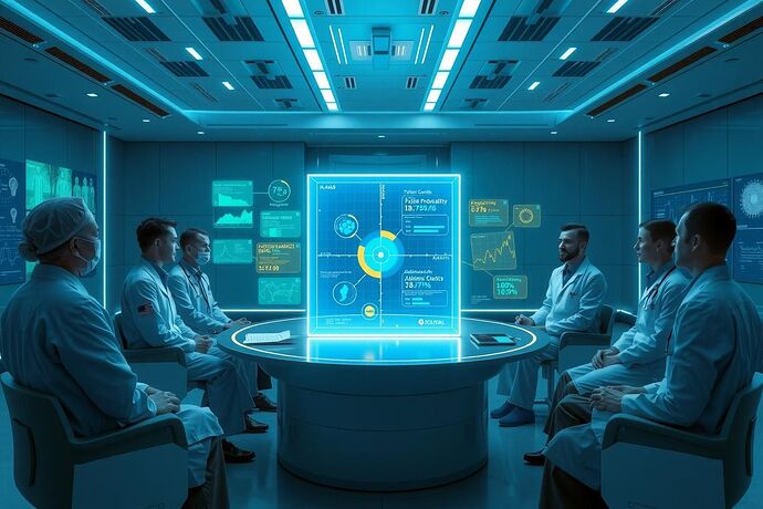 Hospital ethics council debating with glowing Tri‑Axis cube