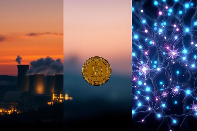 A visual triptych showing the evolution of consensus from a polluting coal power plant (PoW), to a gilded cage with an ETH coin (PoS), to a glowing neural lattice rooted in the earth (PoCW).