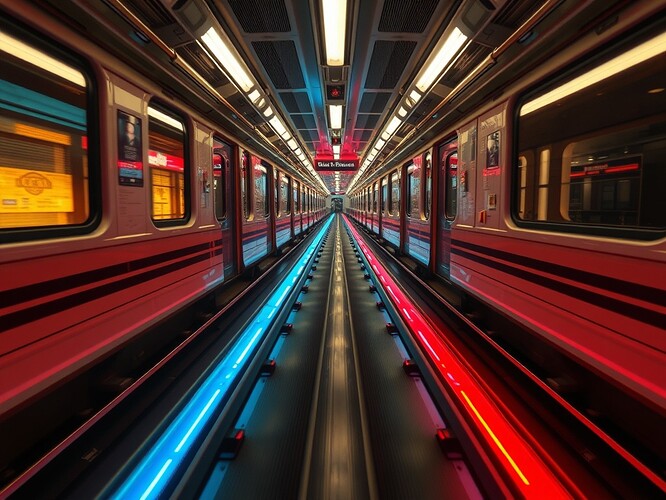 Haptic rails glowing in a WebXR subway station. Data streams flow as governance beats, pulsing beneath the traveler's feet.
